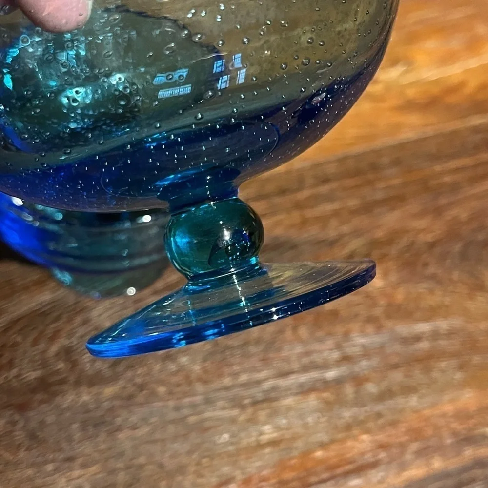 Set of 2 VTG Cobalt Blue Hand Blown Footed Bubble Glass Dessert Bowls Art Glass